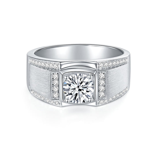 Moissanite Wedding Ring for Men, Wide Brushed Band with Round Center Stone alternate product image