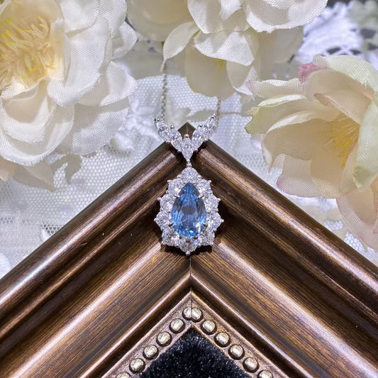 Blue Teardrop Spinel Pendant Necklace, Floral Halo Sparkling Gem Necklace alternate product image