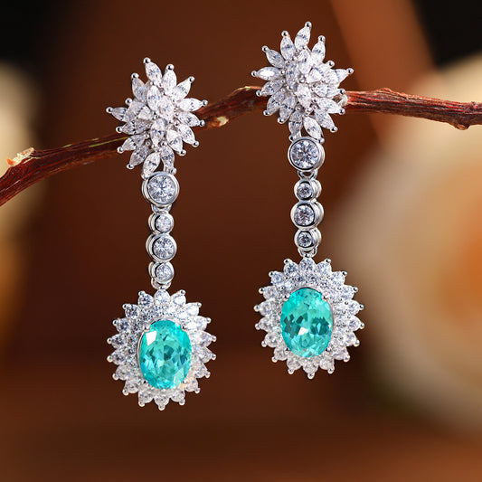 Teal Floral Drop Earrings,Oval Paraiba Halo Studs Pendant Necklace alternate product image