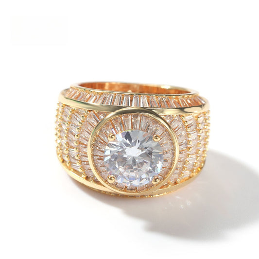 Gold tone round CZ statement ring with wide pavé band alternate product image