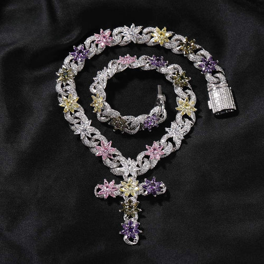 Iced Floral Cross Pendant Necklace with Cubic Zirconia Chain for Women & Men