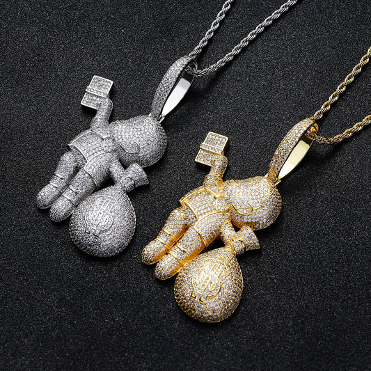 Hip Hop Dollar Money Bag Cubic Zirconia Pendant Necklace for Men and Women