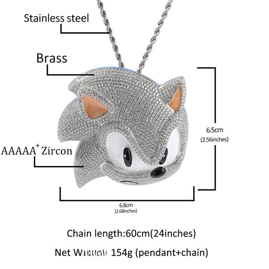 Iced Cartoon Hedgehog Pendant Necklace for Women - Silver Tone Hip Hop Statement Chain with Cubic Zirconia