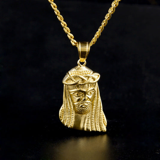 Gold-Tone Stainless Steel Jesus Face Pendant Necklace for Men with 5mm Cuban Chain