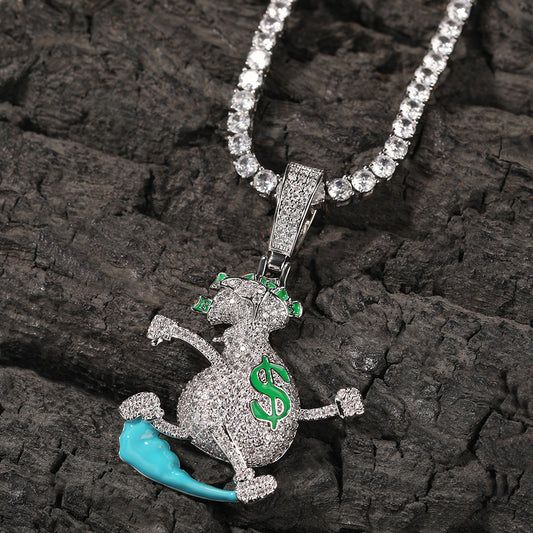 Men’s Cartoon Money Bag Pendant Necklace with Cubic Zirconia Twisted Chain - Gold Plated or Silver Plated Hip Hop Statement Jewelry