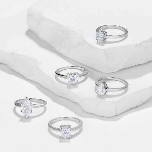 Side profiles of multi-shape moissanite solitaire rings in 925 silver alternate product image
