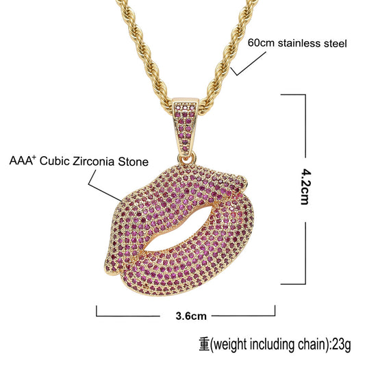 Hip Hop Lip Cubic Zirconia Pendant Necklace for Men and Women