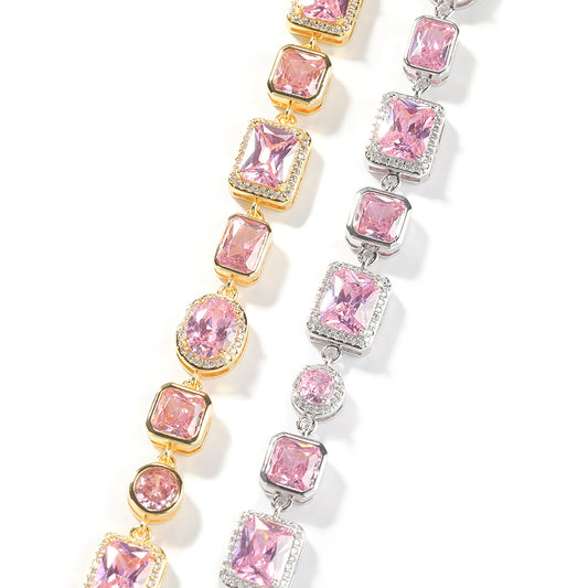 Elegant Pink Cubic Zirconia Link Bracelet for Women in Silver Tone - Round & Square Statement Chain Bracelet