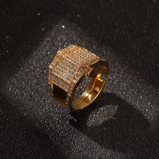 Unisex Hip Hop Gold Plated Statement Ring with Crystal Pave - Trendy Stackable Band for Women and Men