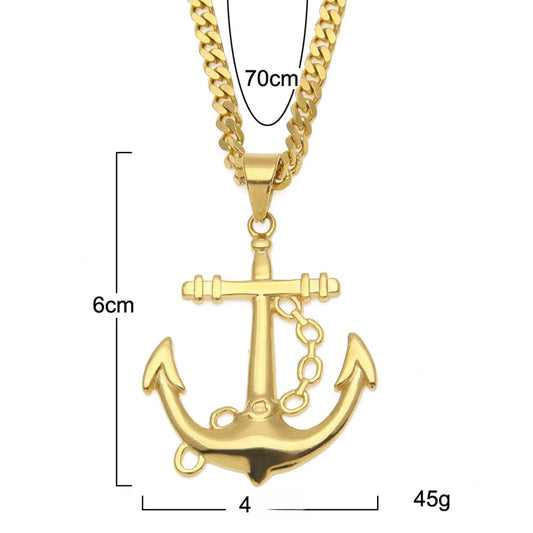 Gold Plated Stainless Steel Anchor Pendant Necklace with 5mm Cuban Chain for Women & Men