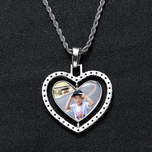 Hip Hop Heart Photo Frame Copper Necklace for Men and Women