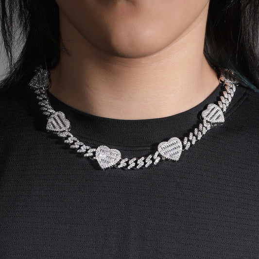 Iced Out Heart Cuban Link Bracelet & Necklace Set for Women and Men - Gold or Silver Color Cubic Zirconia Chain Jewelry