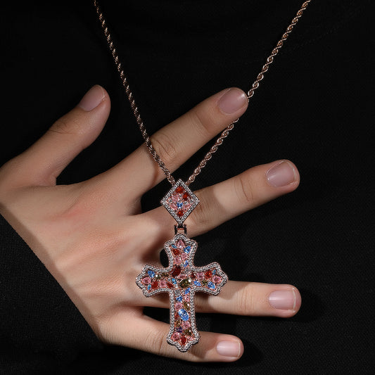 Iced Cross Pendant Necklace for Women with Cubic Zirconia, Gold Silver Rose Gold Twisted Chain Statement Necklace