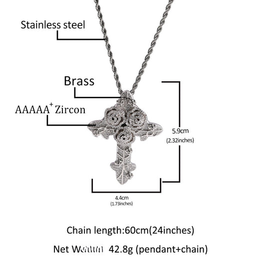 Vintage Rose Cross Pendant Necklace with Cubic Zirconia Twisted Chain for Women