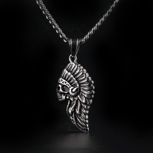 Unisex Stainless Steel Skull Chief Pendant Necklace with 5mm Cuban Chain, Gold Plated or Silver Tone Statement Jewelry