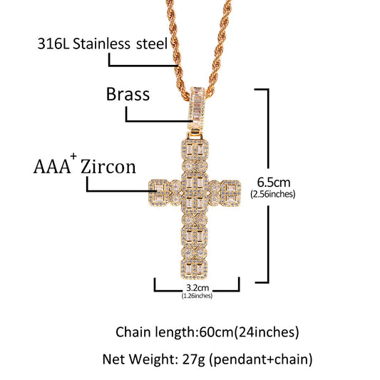 Iced Out Cross Pendant Necklace with Cubic Zirconia Twisted Chain for Women and Men