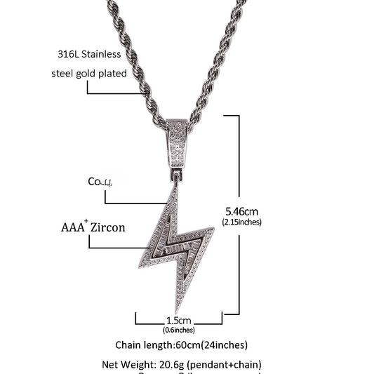Lightning Bolt Cubic Zirconia Pendant Necklace for Women – Hip Hop Statement Chain in Gold or Silver Tone