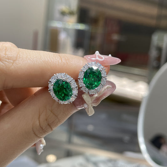 Oval Green Halo Stud Earrings for Women, Vintage-Inspired Green Gemstone Look alternate product image