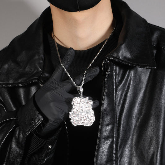 Iced Out English Letter Pendant Necklace for Men - Hip Hop Statement Chain in Silver Tone or Rose Silver Tone, 24 Inch Rope Chain
