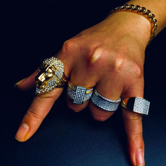Unisex Gold & Silver Plated Pave Diamond Look Statement Ring - Round Wide Band in Sizes 8 9 10 11