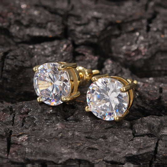 Unisex Round Cubic Zirconia Stud Earrings with 925 Sterling Silver Posts, Gold Plated or Silver Plated, 6mm & 8mm