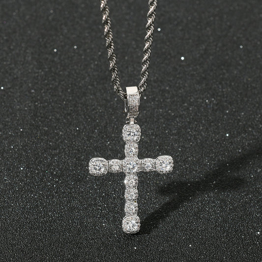 Light Luxury Cross Iced Link Cubic Zirconia Pendant Necklace for Men and Women