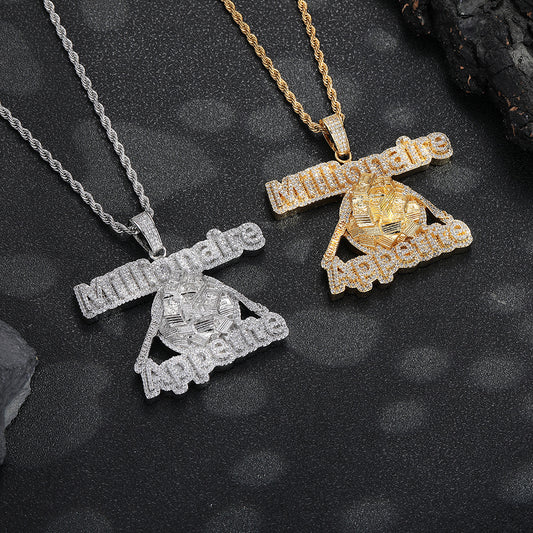 Iced Out Asymmetric Geometric Pendant Necklace, Copper Zircon Rope Chain Hip Hop Statement Jewelry