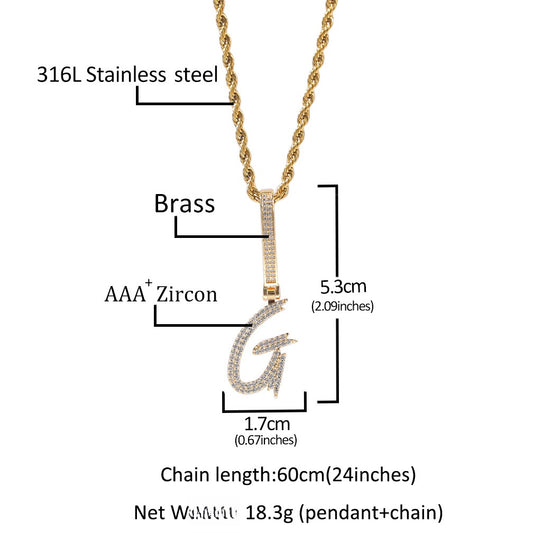 Iced Initial Letter Pendant Necklace for Women & Men - Cubic Zirconia Script Alphabet Charm on 24 Inch Twisted Chain, Gold or Silver Tone