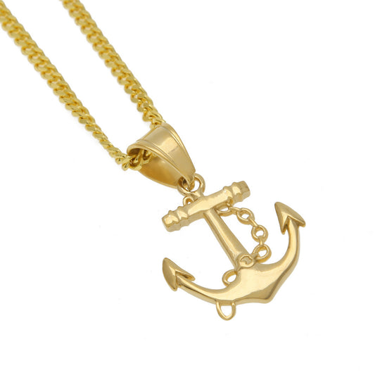 Gold Plated Nautical Ship Wheel Anchor Pendant Necklace with Cuban Chain, Stainless Steel Hip Hop Statement Jewelry