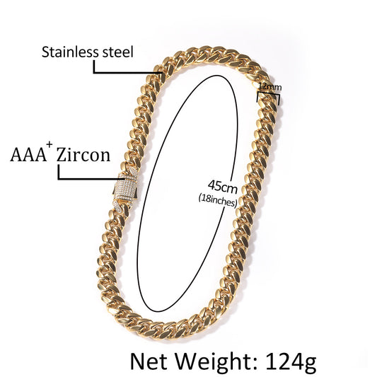 Unisex Iced Out Cuban Link Chain Bracelet Necklace in Stainless Steel with Cubic Zirconia Clasp