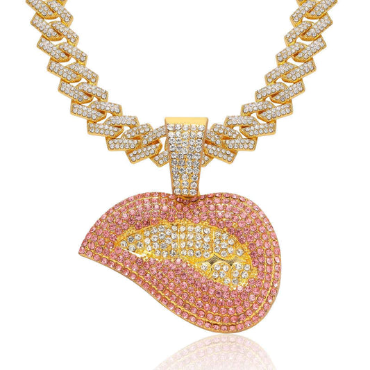 Hip Hop Cuban Link Lip Alloy Pendant Necklace for Men and Women
