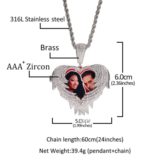 Custom Heart Photo Pendant Necklace with Cubic Zirconia Iced Out Twisted Chain for Women