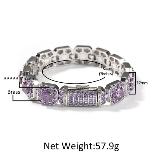 Unisex Silvery Square Link Cubic Zirconia Statement Bracelet - Pink, Purple or Yellow Stone Chain Bracelet