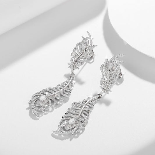 Feather Moissanite Drop Earrings for Women, S925 Silver 18K Gold Plated Ear Studs alternate product image
