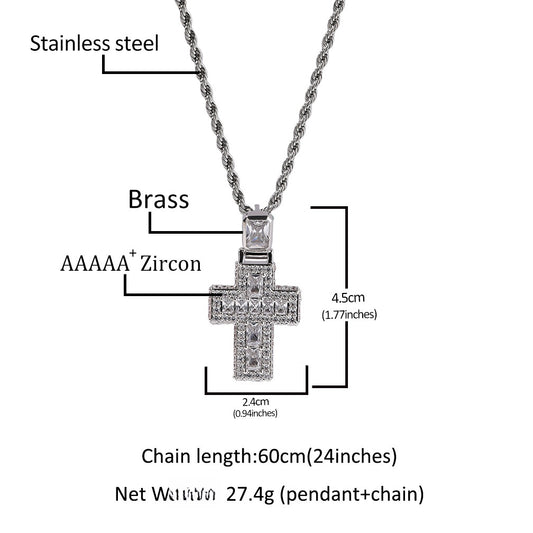 Iced Cross Pendant Necklace for Women and Men, Cubic Zirconia Copper Pendant with 24 Inch Twisted Chain, Gold Plated or Silver Plated Statement Necklace
