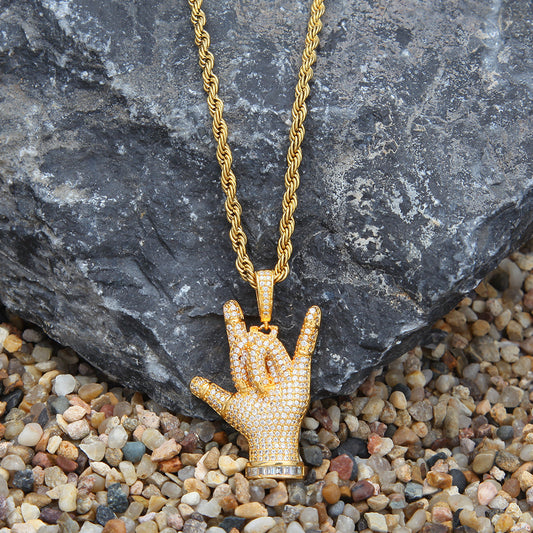 Iced Hand Gesture Pendant Necklace with Cubic Zirconia – Hip Hop Statement Chain for Women & Men