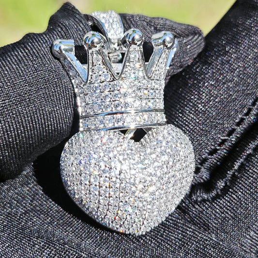 Unisex Iced Crown Heart Pendant Necklace