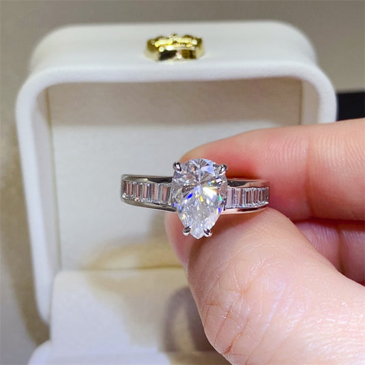 Pear Cut Moissanite Ring with Baguette Band, 18K Gold D Color Style Ring for Women