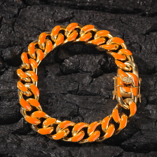 Unisex Stainless Steel Enamel Chain Bracelet - Hip Hop Statement Link Bangle in Gold or Silver Finish, 7 Inch & 8 Inch