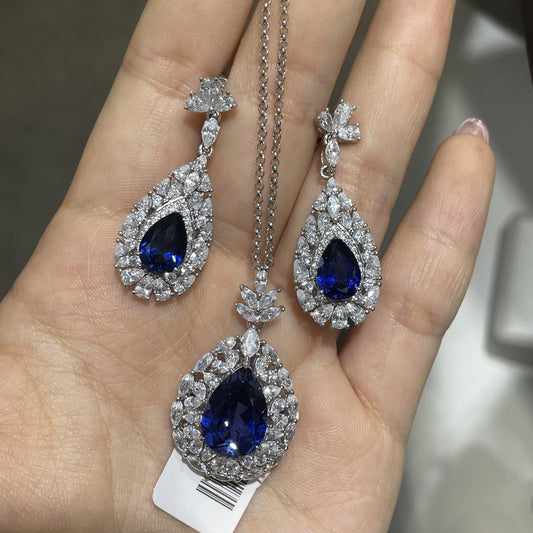 Lab-Grown Blue Sapphire Teardrop Drop Earrings for Women, 925 Silver Floral Halo alternate product image