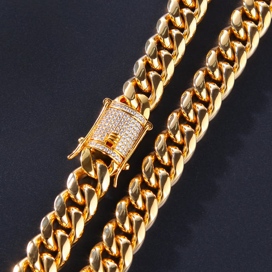 Unisex Stainless Steel Cuban Link Chain Necklace & Bracelet Set, Gold Plated Statement Jewelry