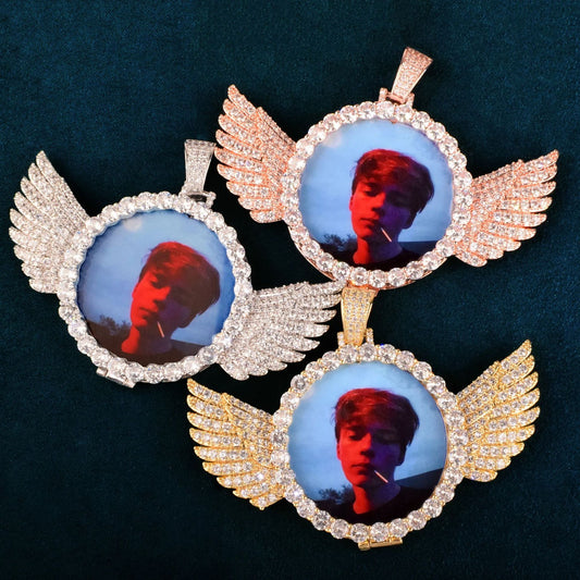 Winged Photo Frame Hip Hop Pendant Necklace for Unisex