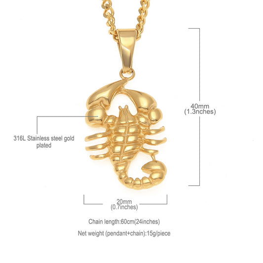 Gold Plated Stainless Steel Scorpion Pendant Necklace with 3mm Cuban Chain, Hip Hop Statement Animal Charm Necklace