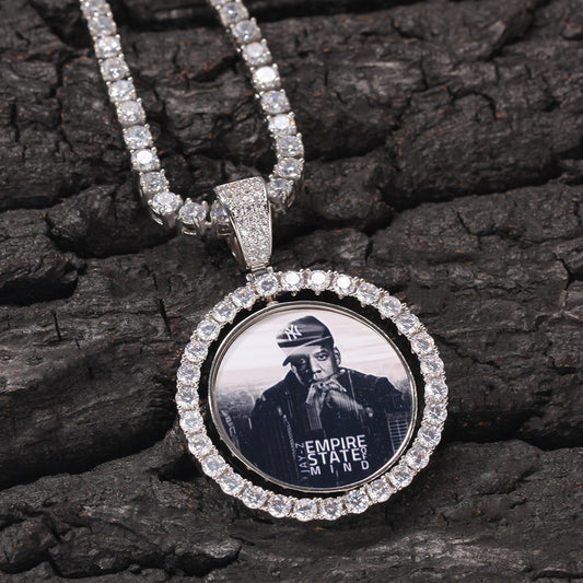 Custom Rotating Photo Pendant Necklace with Cubic Zirconia Circle Frame & 24 Inch Twist Chain