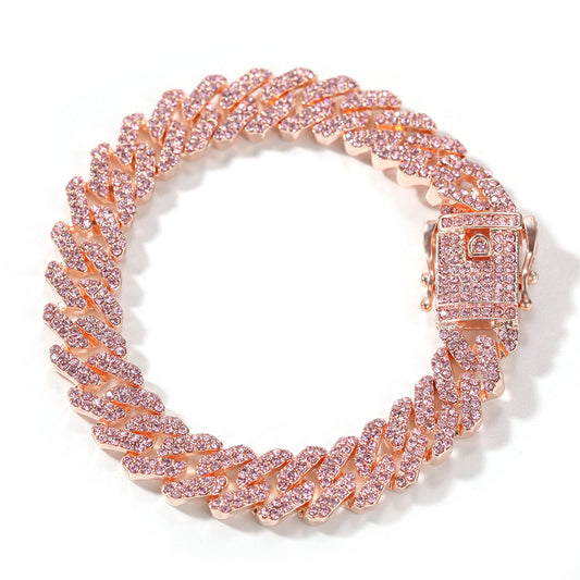 2026 Pink Iced Cuban Link Chain Set for Men – Alloy Electroplated Bracelet & Necklace Street Style Jewelry