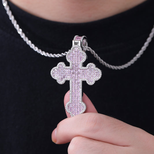 Pink Zircon Cross Pendant Necklace, 3MM Twisted Rope Chain, 24 Inch, Geometric