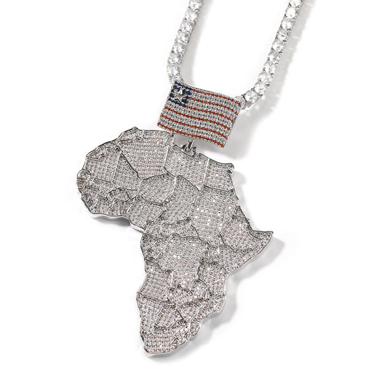 Iced Africa Map Pendant Necklace with CZ Stones & 24 Inch 3mm Rope Chain – Hip Hop Copper Necklace in Gold and Silver Tone