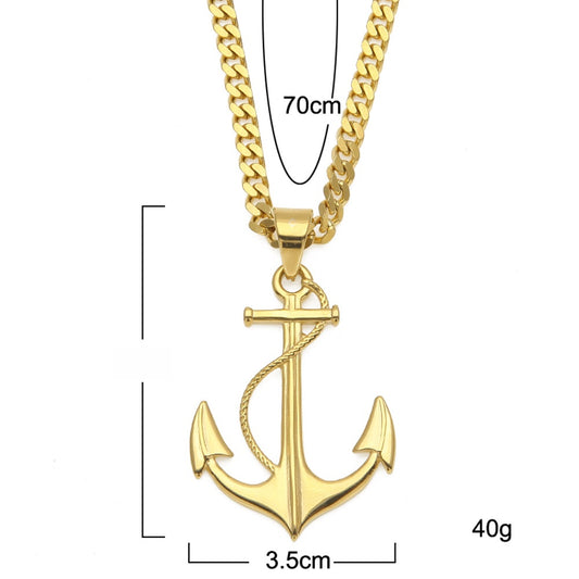 Unisex Gold Plated Stainless Steel Anchor Pendant Necklace with 5mm Cuban Chain