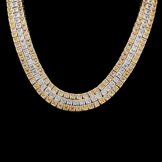Unisex Square Cubic Zirconia Tennis Necklace - Gold Plated, Silver Plated or Multicolor Pendant Chain, 18-24 Inch Statement Jewelry
