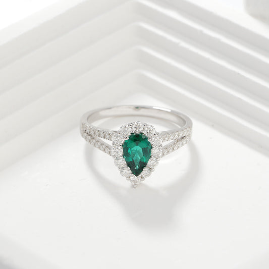 Pear-Shaped Green Halo Ring, Split Shank Engagement Ring for Women alternate product image
